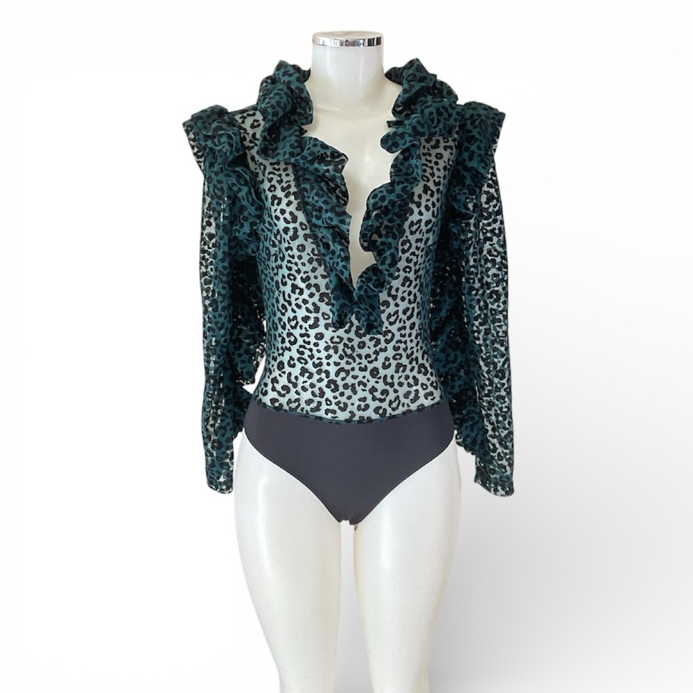 Leopard Print Ruffle Bodysuit - Green and Black KikiRiki